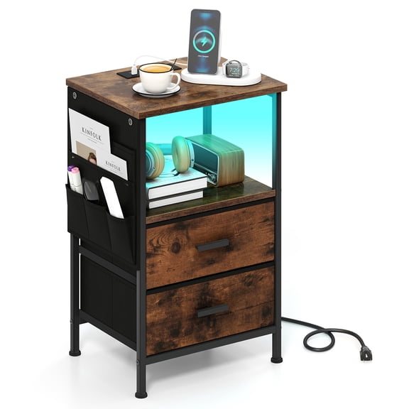 Gymax End Table w/Charging Station 2 Folding Fabric Drawers 6 Side Storage Pockets