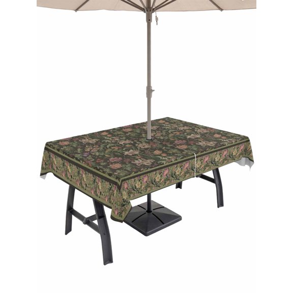 Outdoor Tablecloth with Umbrella Hole for Patio/Picnic/Party/Camping, Sage Green Floral Boho Waterproof Table Cloth Rectangle Table Cover Washable, Ethnic Tribe Abstract Art Flower (54"x 80")