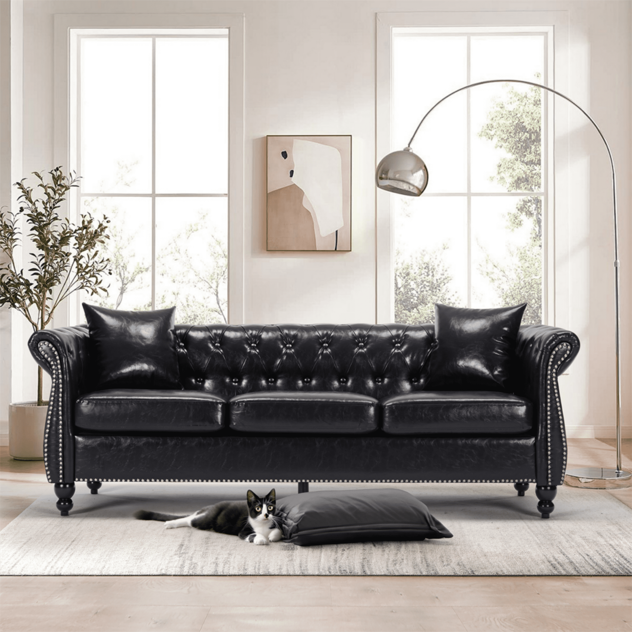 Yeahumalia 83.4'' 3-Seater Chesterfield Sofa Upholstered Sofa Padded Seat, Button Tufted Sofa with Nailhead Trim and Backrest, Faux Leather Couch, Black