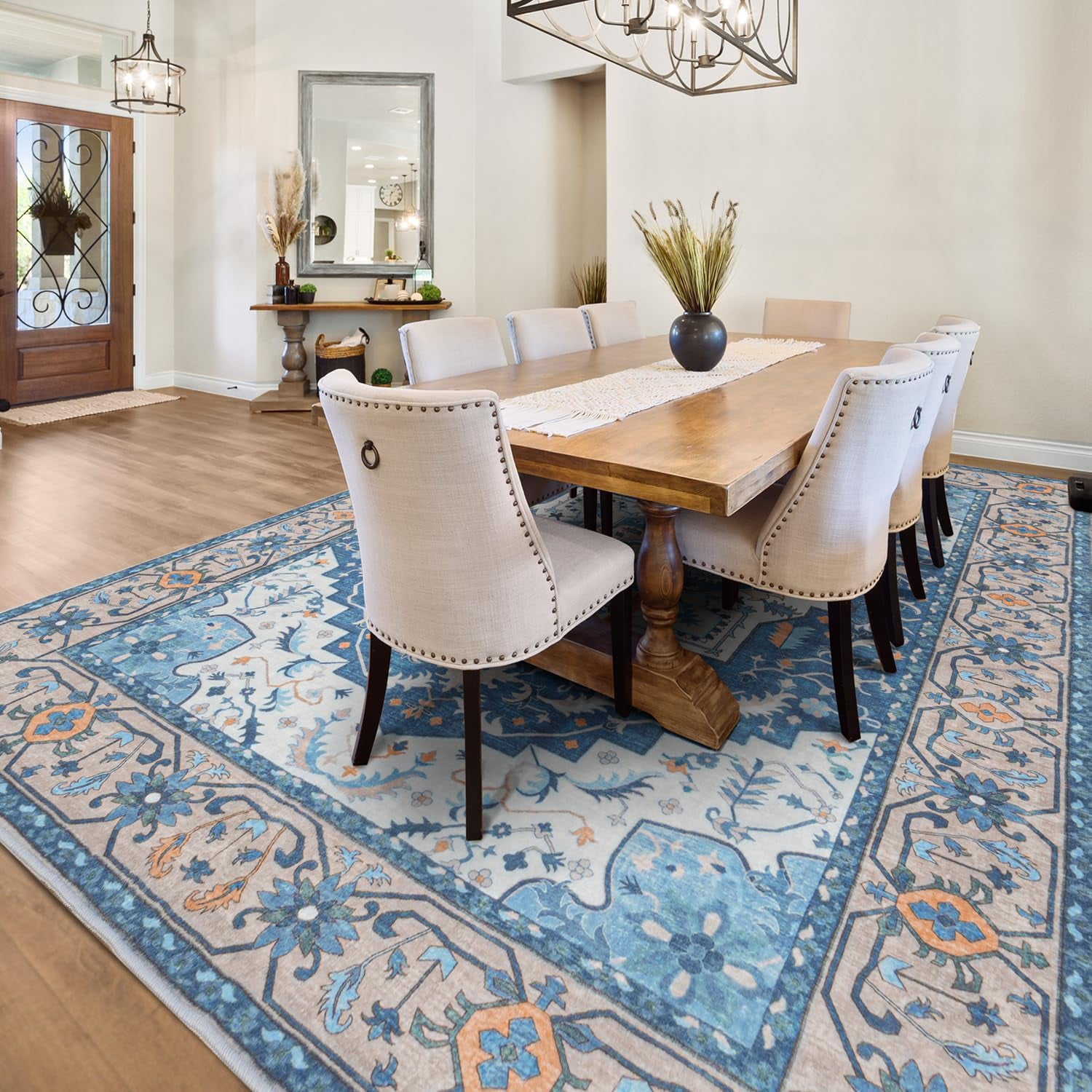 Reepow 8x10 Blue White Machine Washable Super Soft Faux-Wool Vintage Floral Boho Non-Slip Low Pile Area Rugs for Living Room Bedroom
