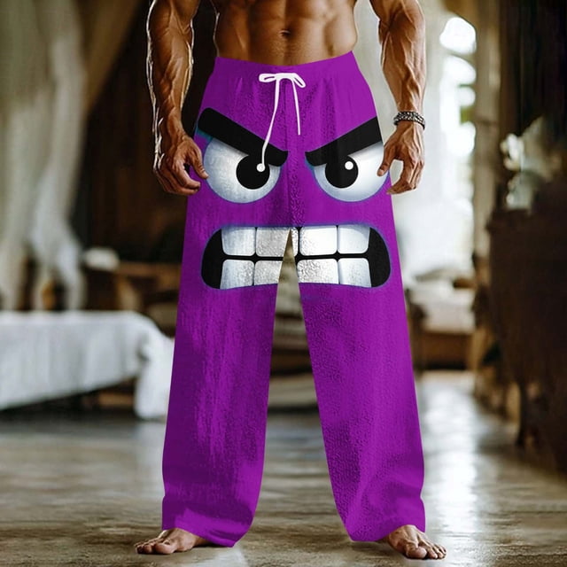 Ceisia Men's Fun Cartoon Angry Face Print Loose Casual Pants with Elastic Drawstring Waist Purple S Gifts