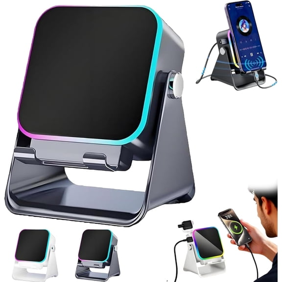 Wireless Induction Audio Speaker Stand-Smart Charging Sound, 2-in-1 Stand & Bluetooth Speaker, 360° Adjustable Holder, Sleek Design for Home & Office Use (Black)