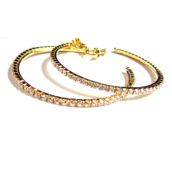 Clip-on Earrings Rhinestone Hoop Earrings Gold Tone Hoop Earrings Non Pierced 2.75 inch