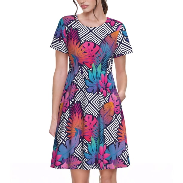 Balery Tropical Leaves Vestidos sueltos de manga corta para mujer, vestidos de verano 2025, vestidos casuales de corte A con vuelo.