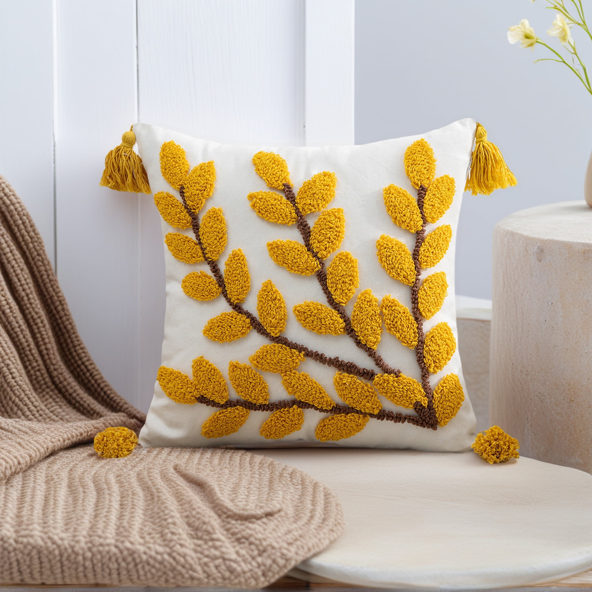 Unique Bargains Boho Pillow Cover with Tassels Set of 2 Yellow Small Leaves 18" x 18"