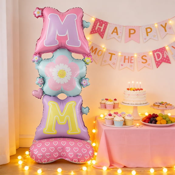 Mother's Day Standing Foil Balloon Set,Large Flower & "Love Mom" Design Balloons,Up to 59 Inch Party Decorations for Mother's Day,Birthday Celebrations