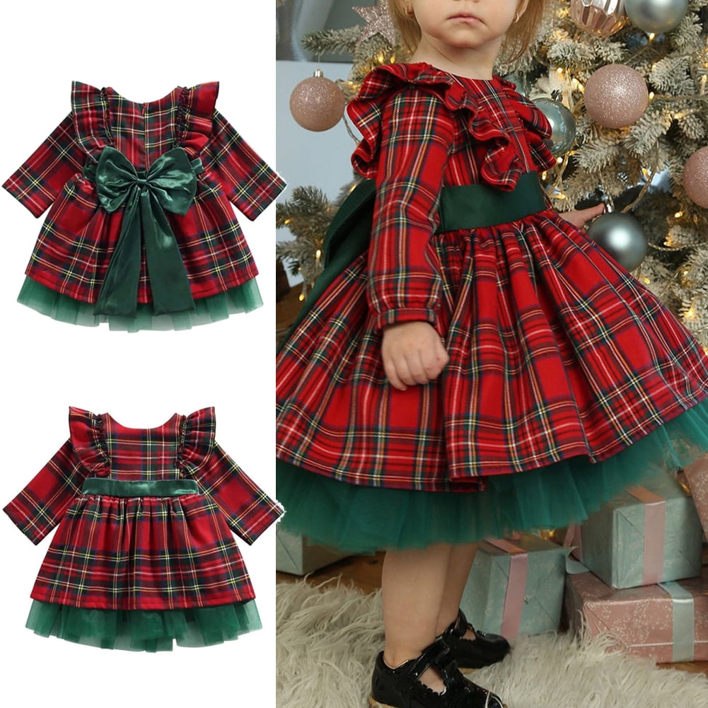 Petit Bebe Girls Red Holiday Plaid Smocked Christmas Dress - Ruffle Collar & Long Sleeves