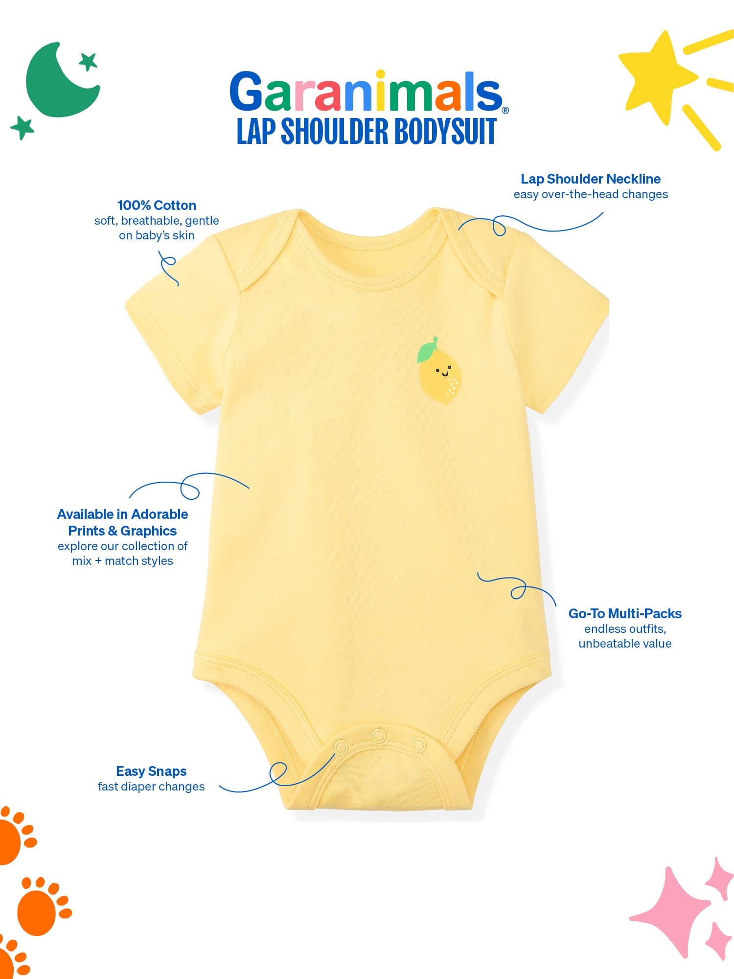 Garanimals Newborn & Baby Girl Cotton Lap-Shoulder Short-Sleeve Bodysuits, 4-Pack, Sizes 0–24M