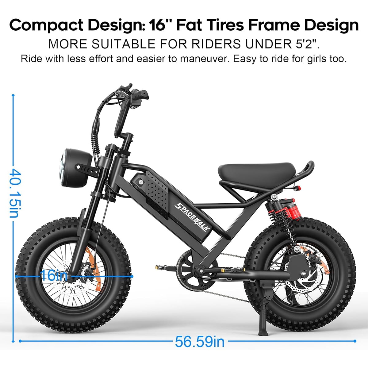 Spacewalk Small Electric Bike,16" Fat Tire Ebike,More Suitable for Holiday gift, and Teenagers with 750W Motor, 21.7MPH with Removable 48V/15AH Battery,50-Miles Motorcycle