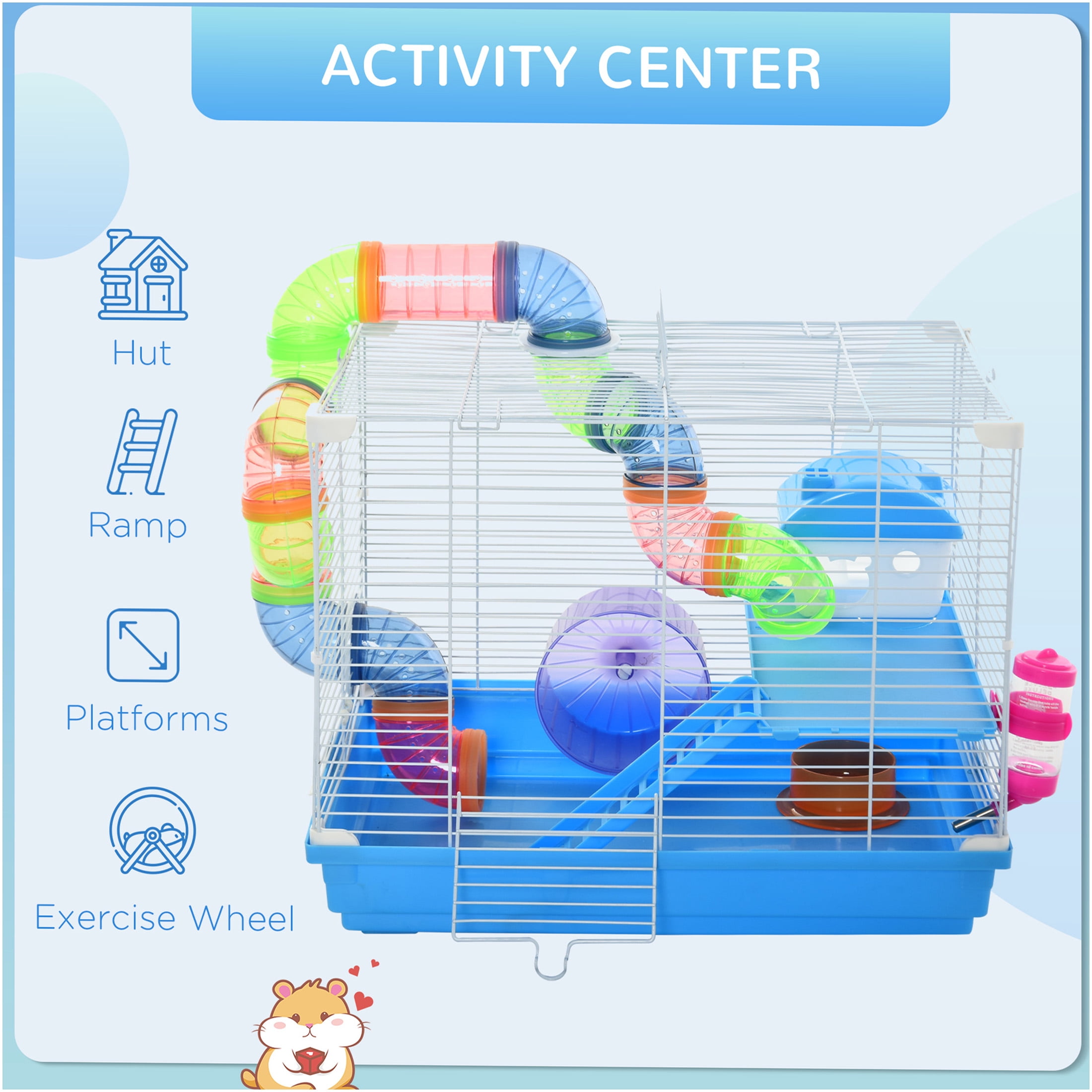 JERFIT 2-Level Metal Hamster Cage with Wheel, Water Bottle & Tubes - Blue Pet Habitat for Dwarf Hamsters, Mice & Gerbils