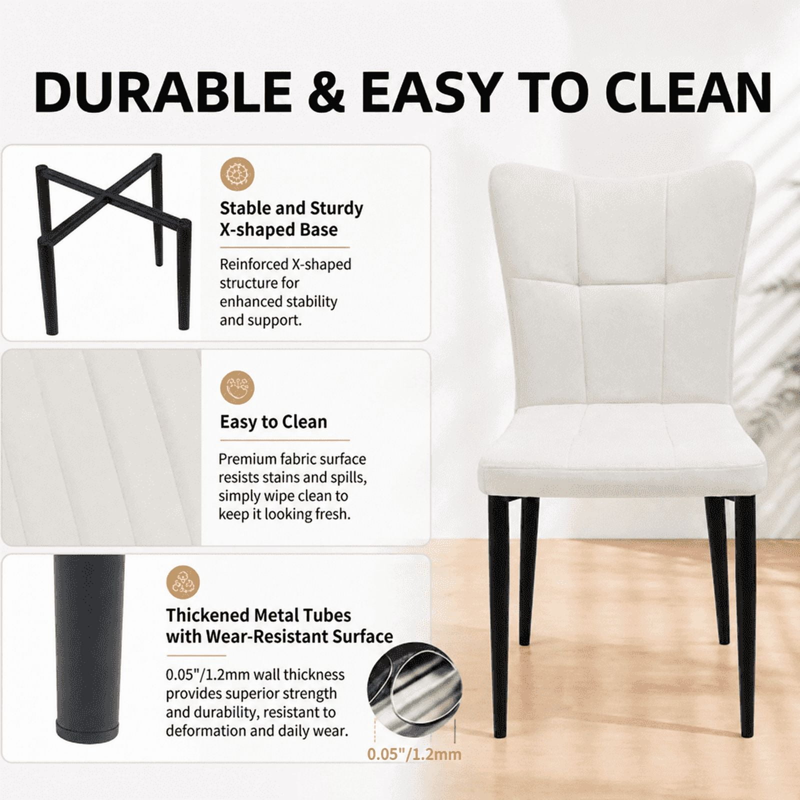Euroco Upholstered Dining Chairs Set of 2, Modern Kitchen Chairs with High Backrest & Metal Legs for Kitchen Dining Room,White