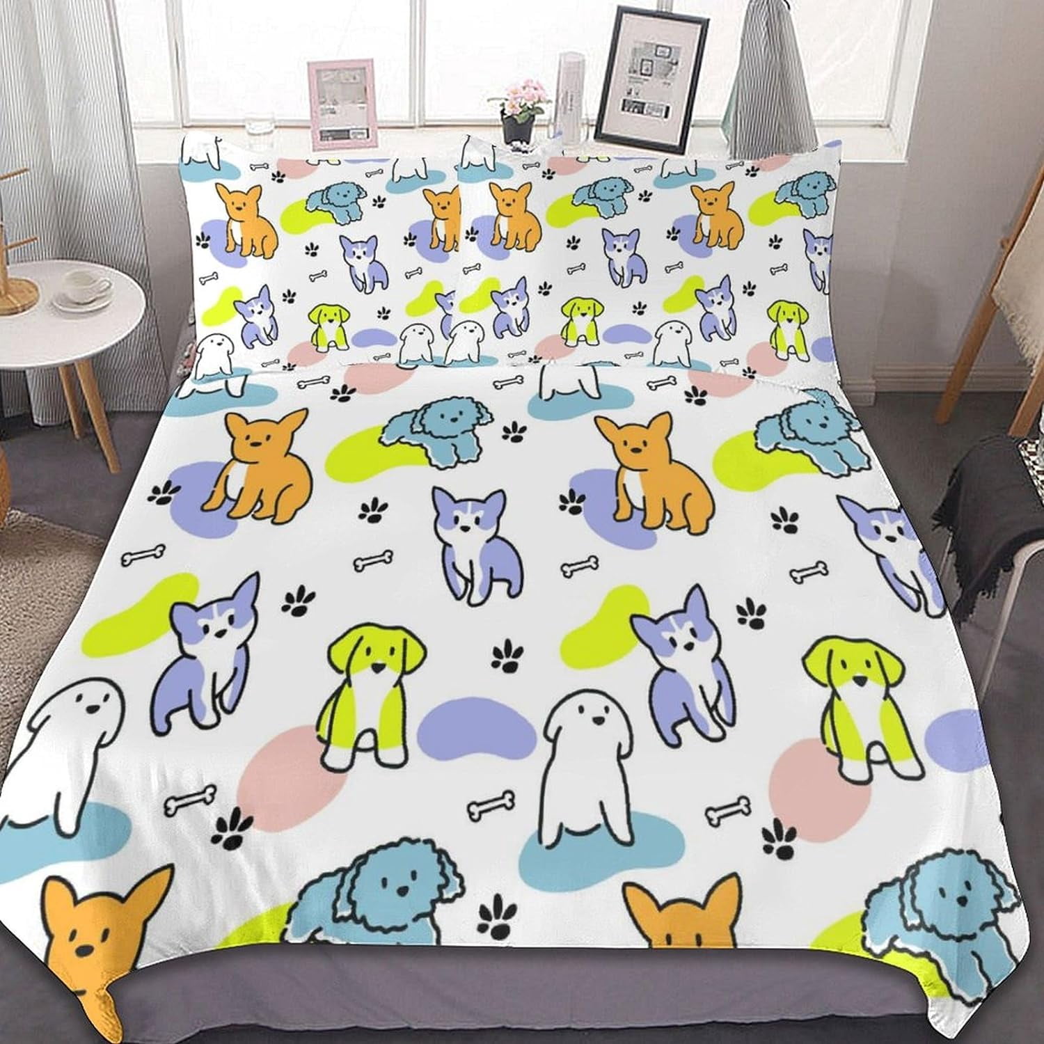 HAHDAXIA Cute Dog Bedding Solid Comforter Set for All Seasons,3 Pieces(1 Comforter+2 Pillowcases),Soft Microfiber Bedding Set Full(79"x90")