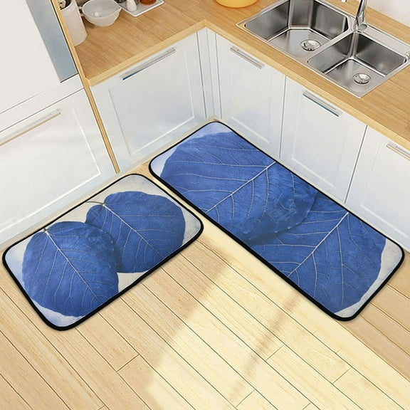 Blue Leaf Kitchen Mat Set of 2 Cushioned Non Slip Rugs for Bedroom Floor Runner Mats