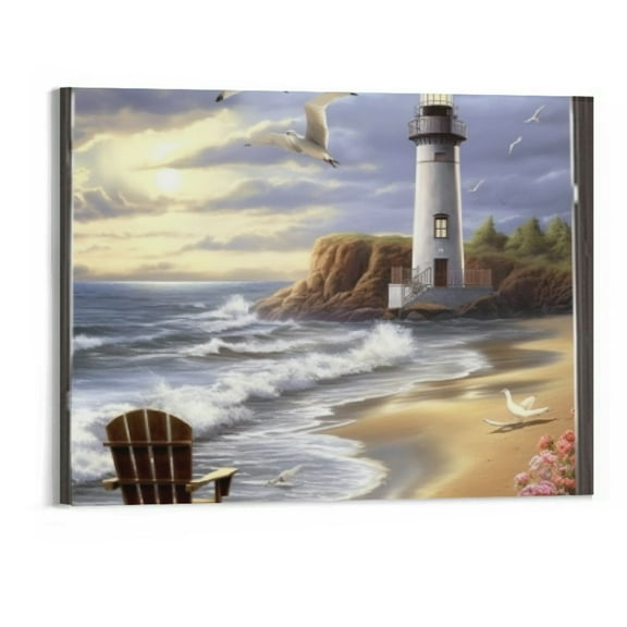 Creowell Lighthouse Wall Art Beach Ocean Nautical Window Coastal Pictures Wall Decor Canvas Painting Print Artwork Modern Home Decor Framed for Living room Bedroom Bathroom 20x16 Inches