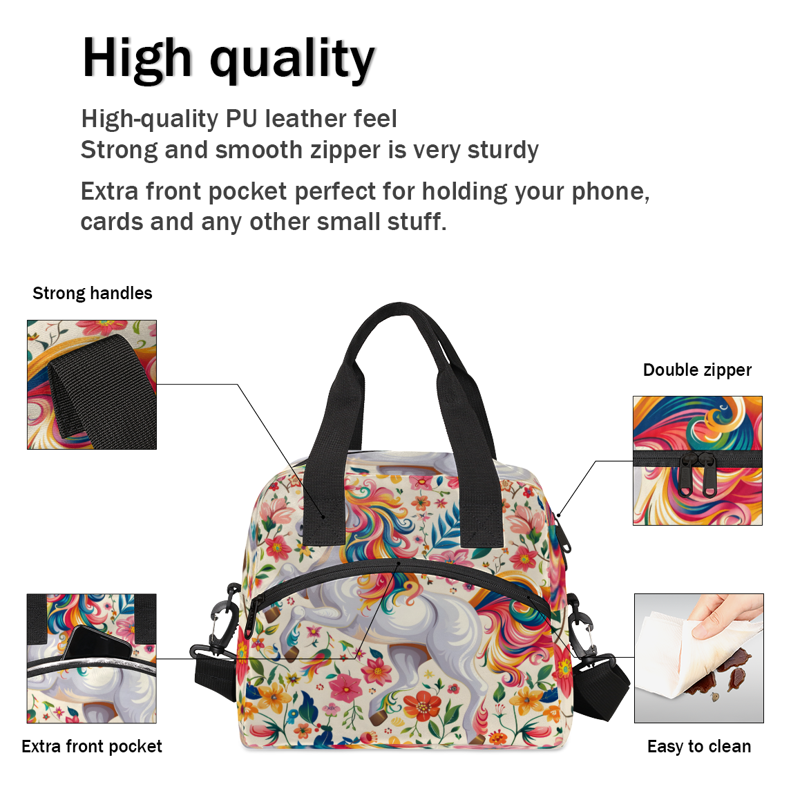 Herdesigns Unicorn Insulated Lunch Bag for Women Men Adults Large Reusable Lunch Box Colorful Animal Leakproof Cooler Tote Bags with Adjustable Shoulder Strap