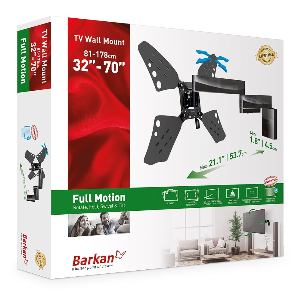 Barkan Long TV Wall Mount, 32 - 70 inch Full Motion Patented Flat / Curved Screen Bracket, Holds up to 88lbs, Very Low Profile, Fits LED OLED LCD