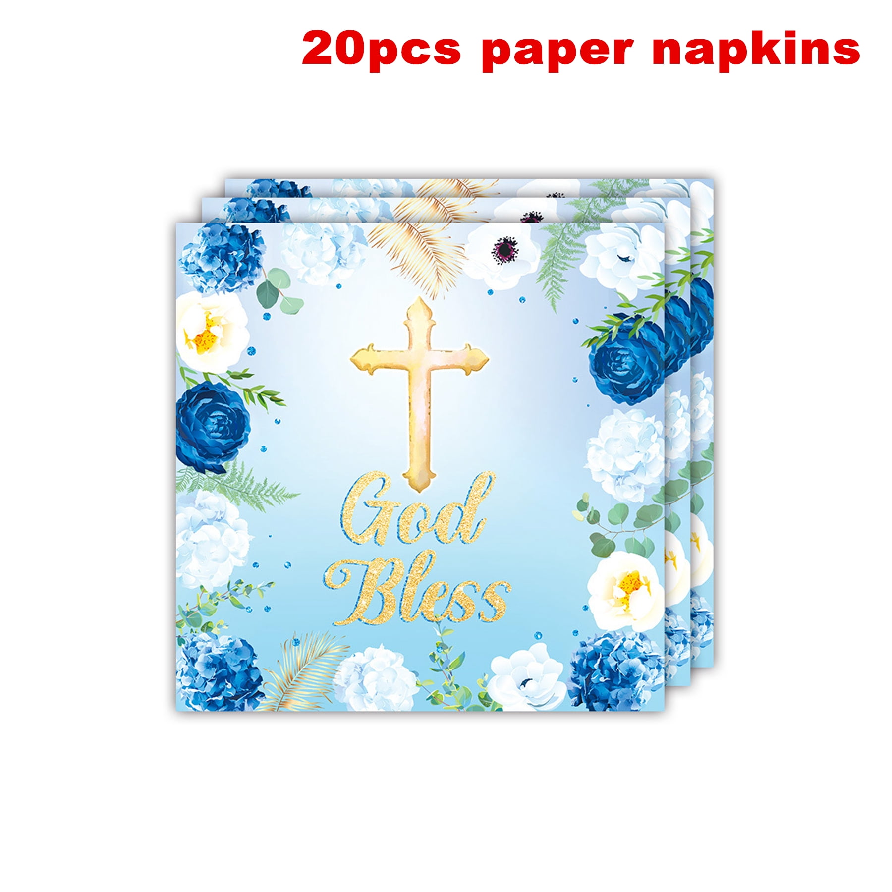 161 Pcs Blue God Bless Tableware Set, Baptism First Holy Communion Party Decorations Supplies for Newborn Baby Shower, Baptism Church Cross White Floral, Serves 20 Guests