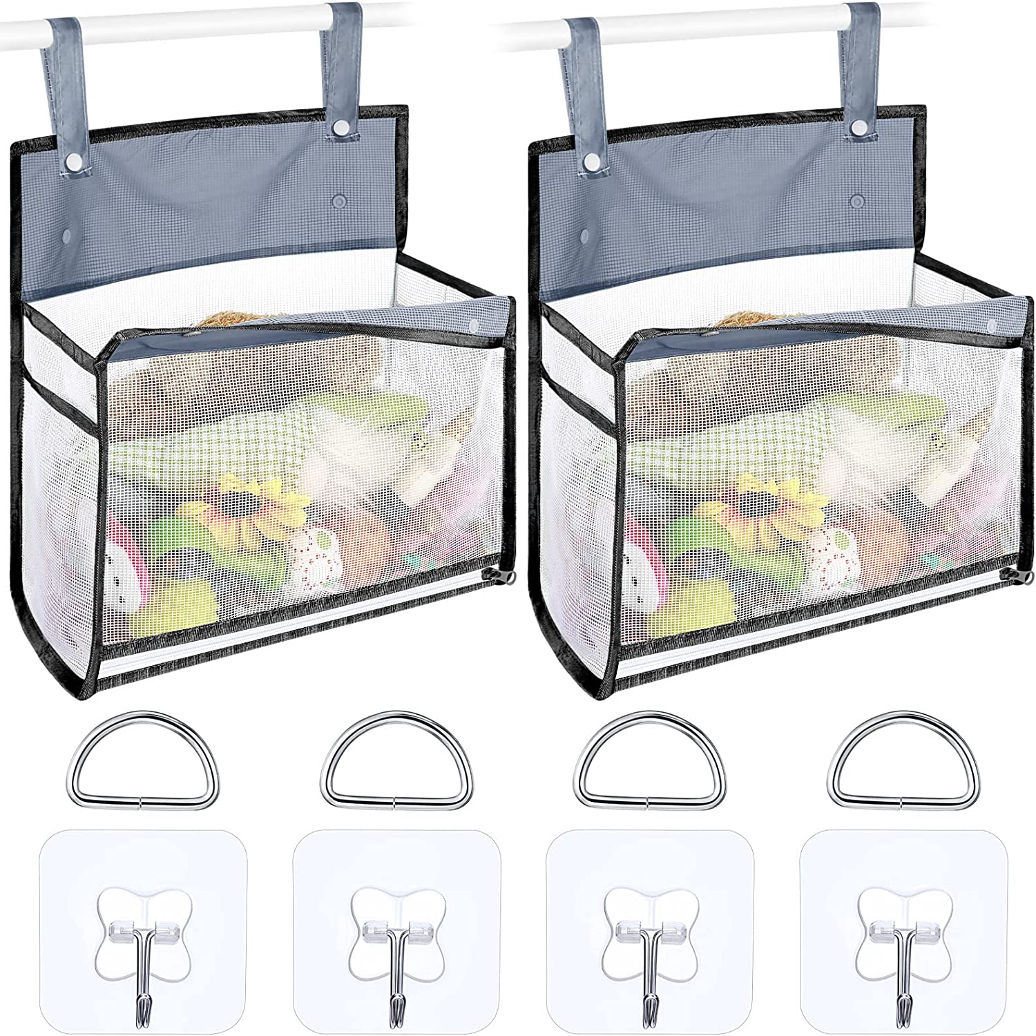 Bath Toy Organizer with Extra Large Opening and Multiple Ways to Hang, Bottom Zipper Storage Bag - Includes 4 Adhesive Hooks (Gray, 2 Pieces)