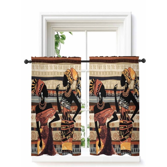 African Women Curtains 54 Inch Length, Sheer Curtains for Bedroom Living Room Window Black Boho Tradition Ethnic Southwest Rod Pocket Voile Drapes Kitchen Curtains Small Half Window 42"x54" 2 Panels