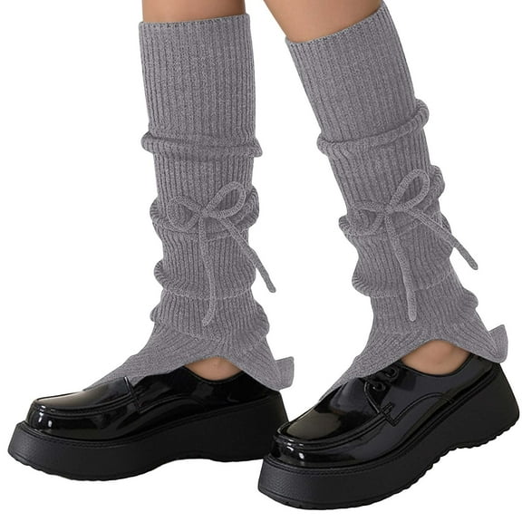 CUZIBR Cute Socks Leg Warmers Solid Knitted Over The Knee Stocking Bow Soft Stretchy Thigh Knee High Socks Comfy Dailywear,Grey,One Size
