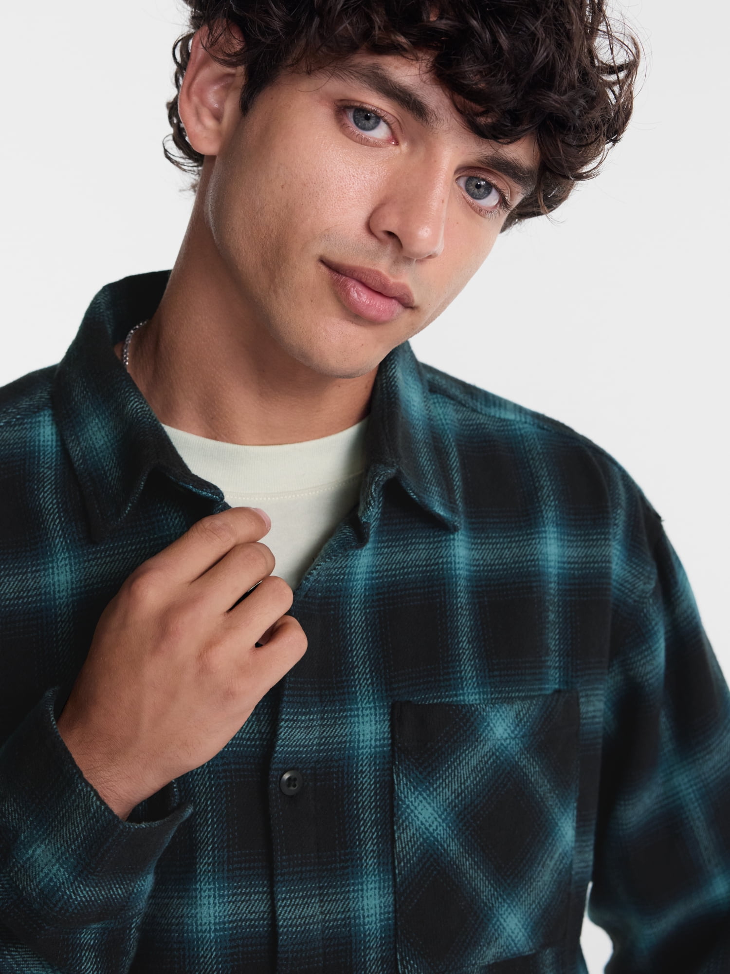 No Boundaries Boxy Cotton Plaid Flannel with Long Sleeves, Men's and Big Men's XS-4XLT