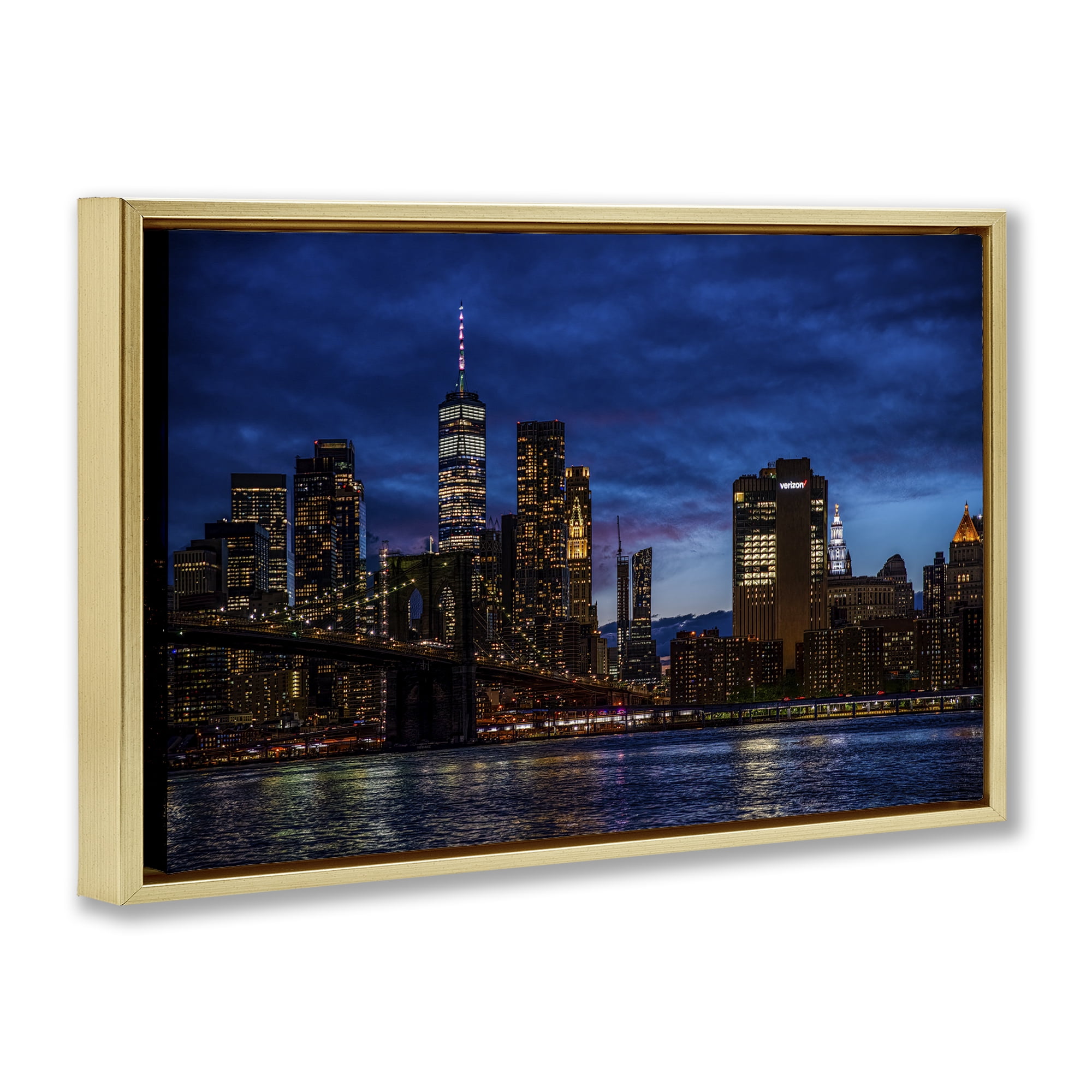 Stupell Industries Brooklyn Bridge at Night Gold Framed Floater Canvas Wall Art, design by Tim West