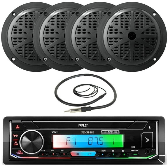Pyle PLMRB38B Single DIN AM/FM Radio USB/AUX Bluetooth Marine Stereo Black Receiver with 2 Pairs of 5.25'' 100 Watts 2-Way Full Range Black Waterproof Marine Stereo Speakers, Wired Antenna