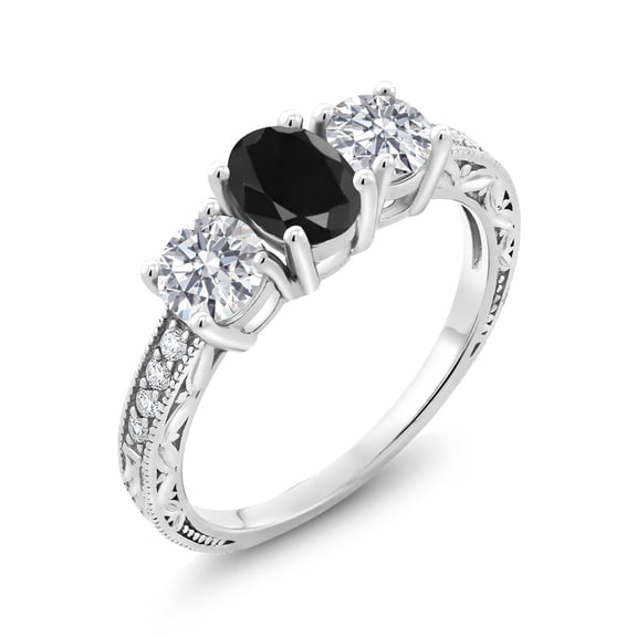 Gem Stone King 10K White Gold Black Sapphire and Lab Grown Diamond Engagement Ring for Women | 2.22 Cttw | Oval 7X5MM | Gemstone September Birthstone | Size 6