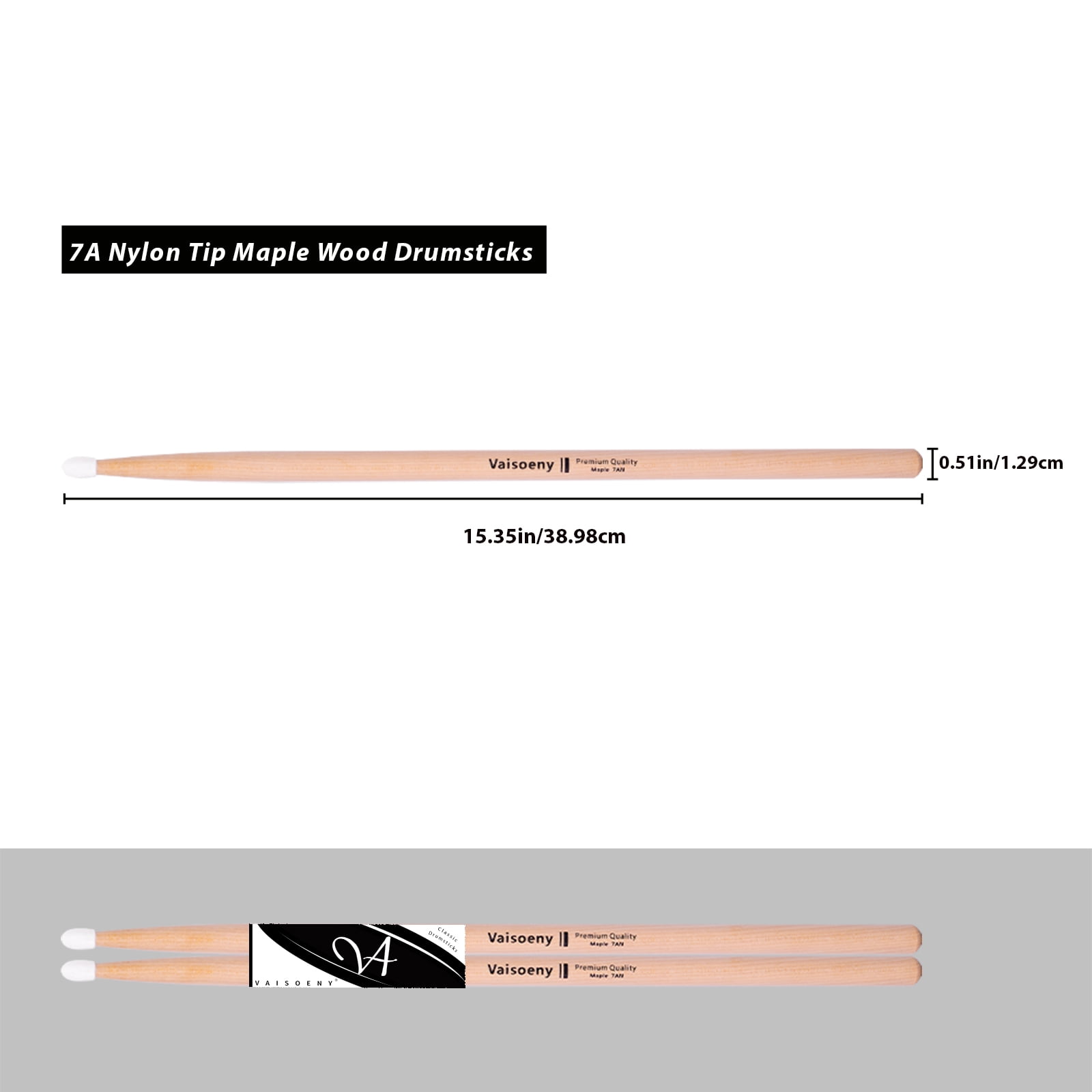 Vaisoeny 7A Drumsticks, Nylon Tip Drum Sticks Set for Acoustic Drums or Electronic Drums, Oval Nylon Tip Maple Drumsticks for Drummers and beginners (12 Pair)