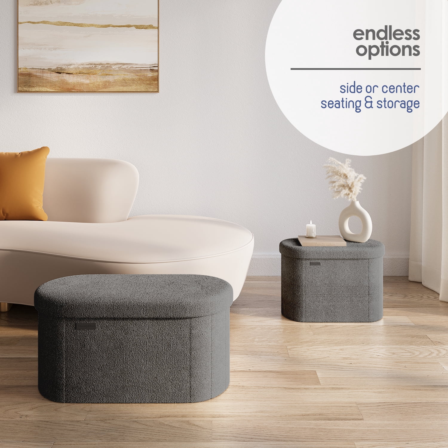 Hearth & Harbor Oval Storage Ottoman Bench, Boucle 30" Ottoman with Storage , Grey