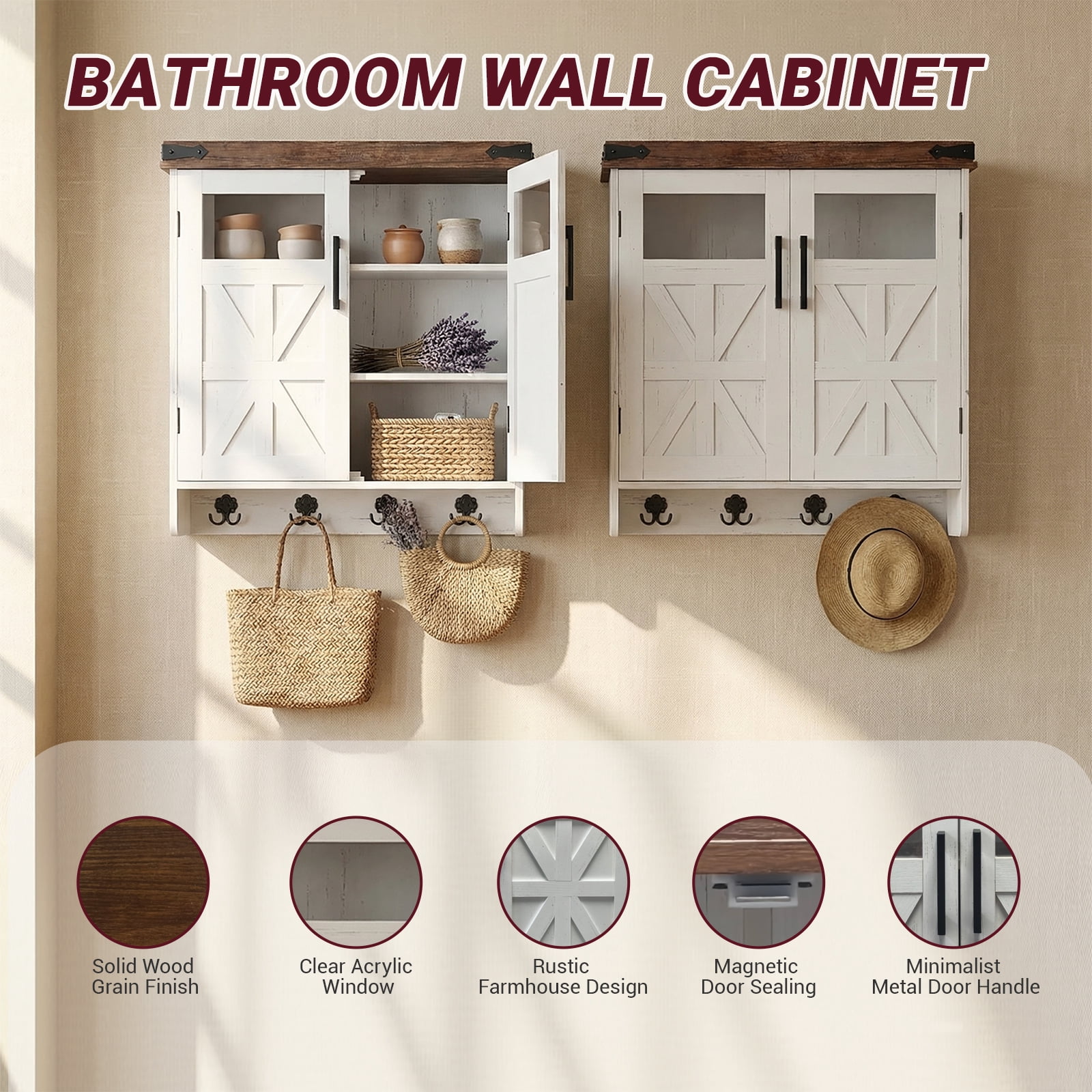 Bathroom Wall Cabinet Wall, Over Toilet Storage Cabinet, Bathroom Medicine Cabinet with Adjustable Shelves & Hook, Farmhouse Bathroom Storage for Small Bathrooms, Kitchen, Laundry