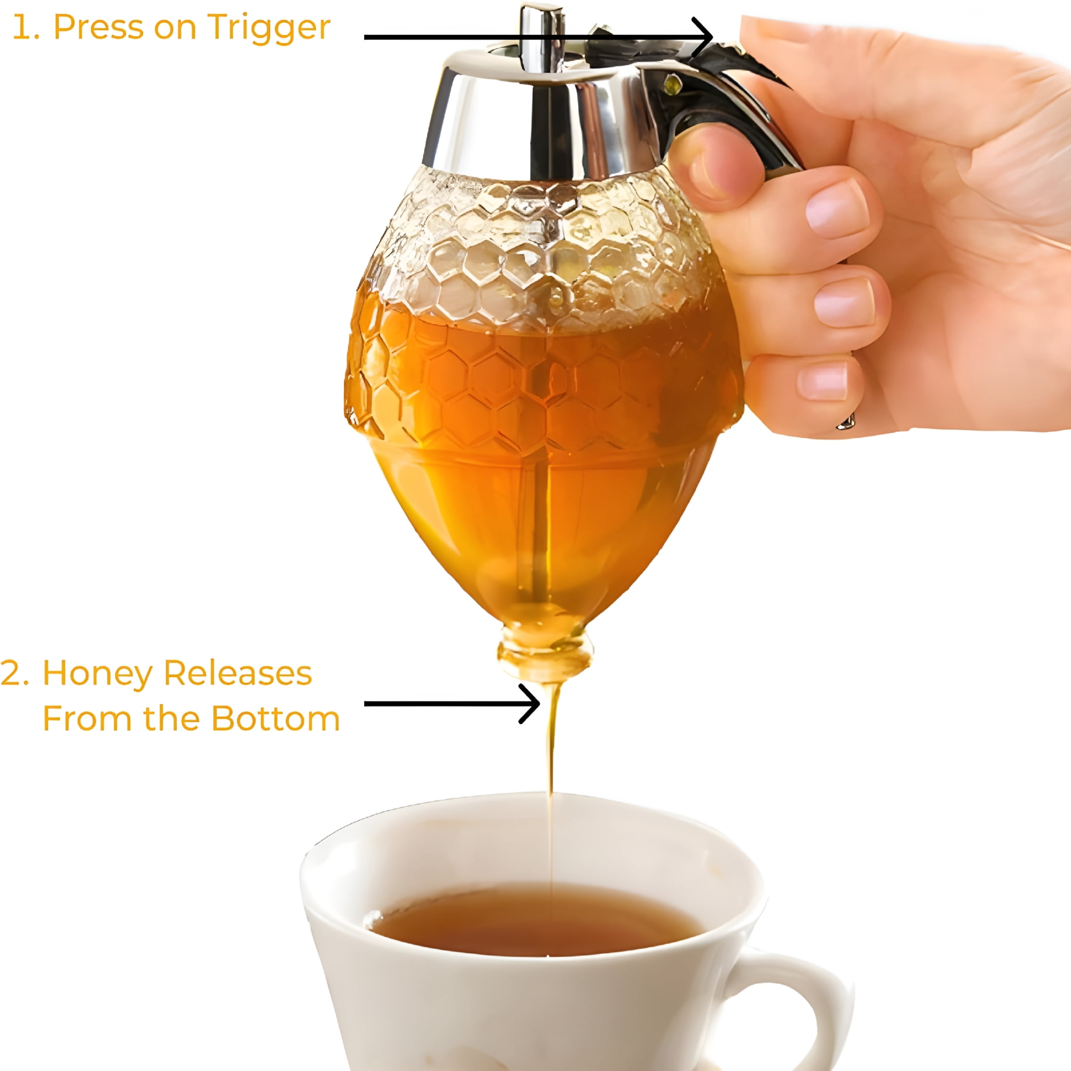 BPPEG 8Oz No Drip Glass Honey Dispenser with Plastic Top Honeycomb-Style Syrup Server and Bee-Themed Storage Jar with Stand 6"