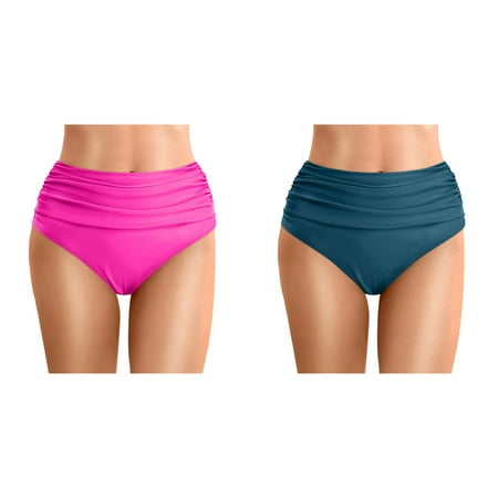 (2-Pack) Kcodviy Women Plus Size High Bathing Suit Shirt and Shorts Waist Bikini Bottoms Swim Briefs Beach Shorts Ruched Bottom High Cut Swim Bottom Full Coverage Swimsuit Bottom Sports Yoga Shorts