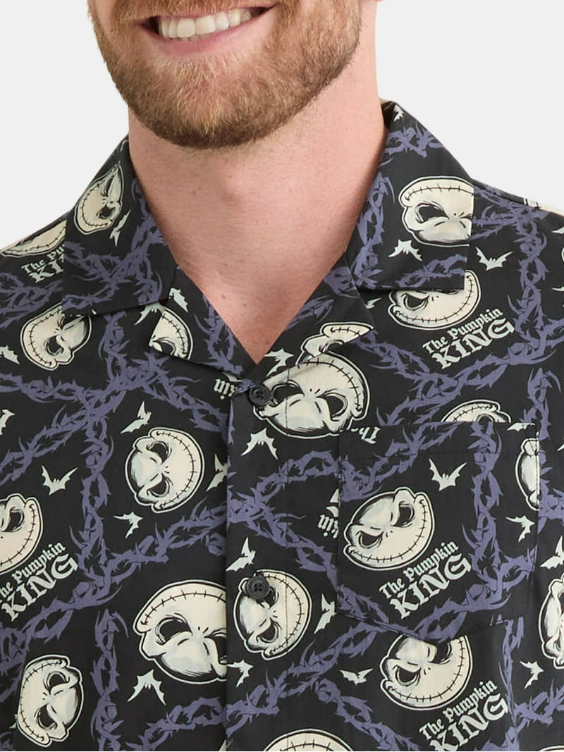 Nightmare Before Christmas Men's and Big Men's Print Button-Up Cotton Shirt with Short Sleeves, Sizes XS-3XL Nightmare Before Christmas Men's and Big Men's Print Button-Up Cotton Shirt with Short Sleeves, Sizes XS-3XL