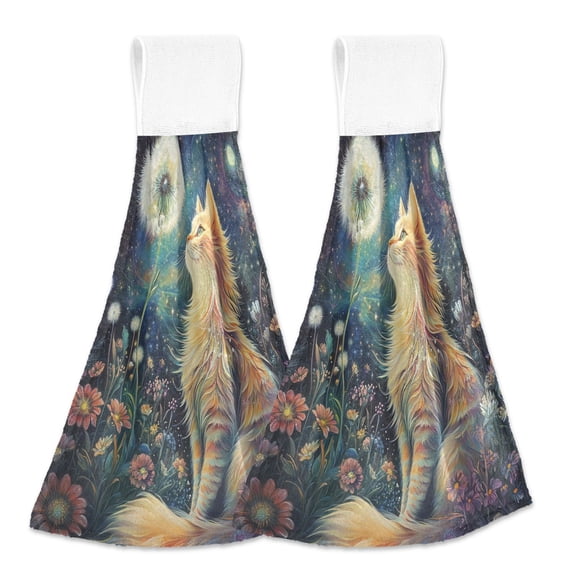 BZSMCE Hanging Hand Towels Fashion Whimsical Whiskers in A Starry Garden Pattern 2-Pack - Velcro Style Bathroom Kitchen Towels