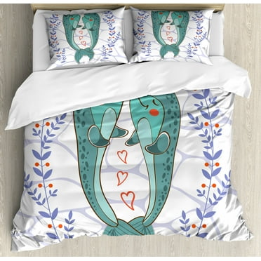 Narwhal Queen Size Duvet Cover Set, Valenties Day Themed Illustration with Colorful Whales in Love Aquatic Adoration, Decorative 3 Piece Bedding Set with 2 Pillow Shams, Multicolor, by Ambesonne