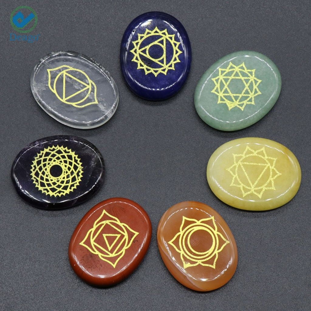 7pcs Engraved Chakra Symbols Stone Set Palm Stone Crystal Reiki Healing 
