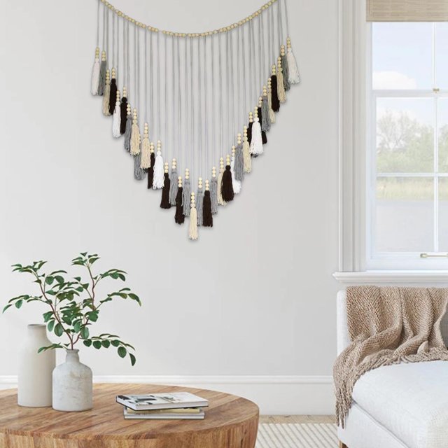 Tapiz de de madera tejidas de macramé, fondo bohemio, adornos de , decoración para colgar en la pared para el hogar, guardería, sala de Negro Baoblaze Tapiz tejido de macramé