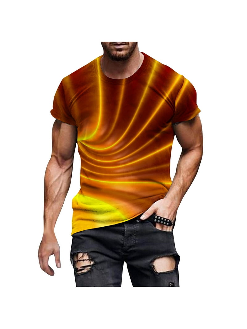 Ersazi Clearance Custom T New Fashion Men's T-shirt 3D Unlocated Beam Printing Short Sleeve Round Neck T-shirt Casual Sports Top Blouses Gym Vests 1- Orange Top for M -