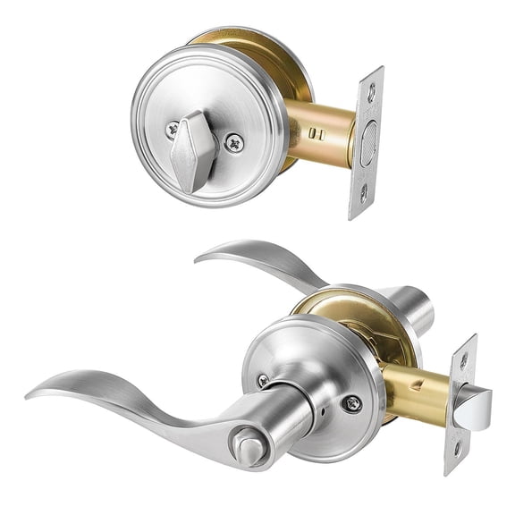 5 Pack Satin Nickel Entry Door Lever Lock Set with Single Cylinder Deadbolt Keyed Alike for 1-3/8 to 1-3/4 Inch Thick Front Entrance Doors