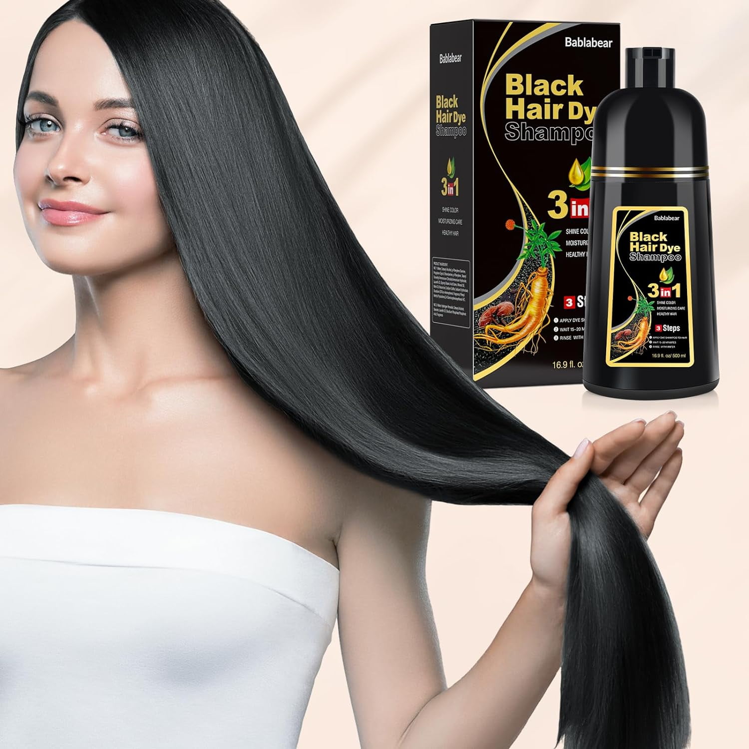 MEIDU Black Hair Dye Shampoo for Gray Hair, Semi-Permanent Hair Color Shampoo for Women and Men, Herbal, 3 in 1 100% Grey Cover