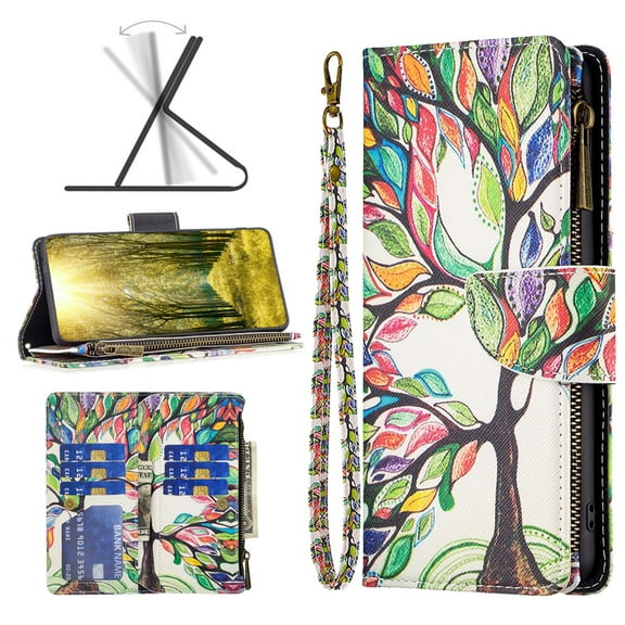 Allytech Wallet Case Compatible with iPhone 14 Plus (6.7 inch) 2022, 9 Card Holder & Zipper Pocket PU Leather Anti-Shock Kickstand Case with Hand Strap for iPhone 14 Plus 5G, Colorful Tree