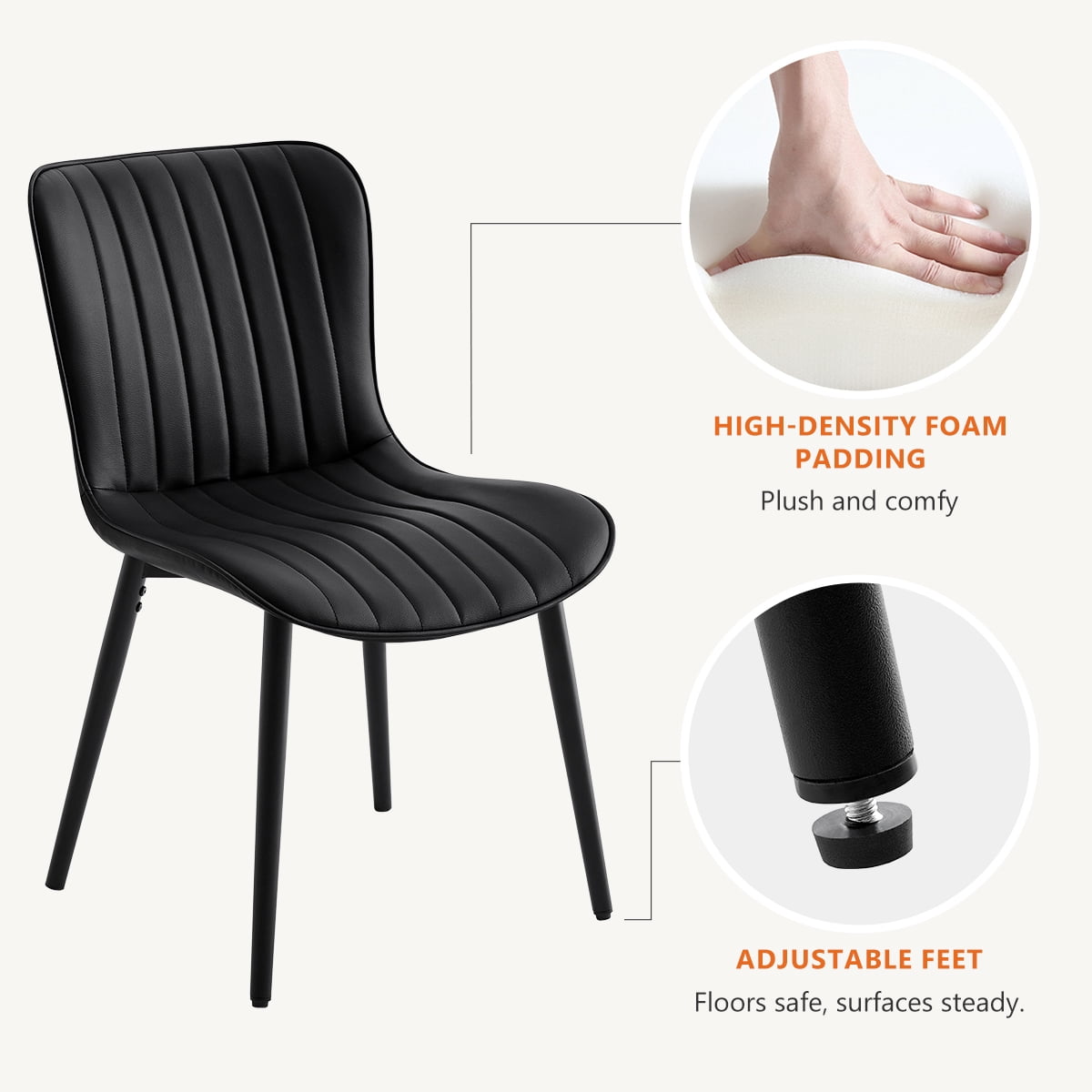 Modern Dining Chairs Set of 6, PU Leather Upholstered Kitchen Side Chairs with High Backrest, Heavy Duty, Cushions & Durable Metal Legs with Adjustable Feet for Kitchen, Dining Room,Restaurant,Black