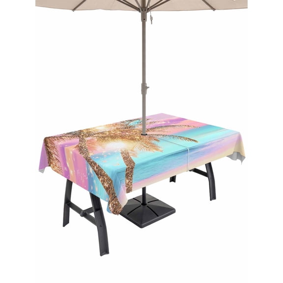 60x84 Inch Outdoor Tablecloth with Umbrella Hole Zipper Rectangle Coastal Rectangular Tablecloths Outside Waterproof Ocean Palm Tree Summer Beach Purple Blue Patio Table Cloth Cover for Picnic Party
