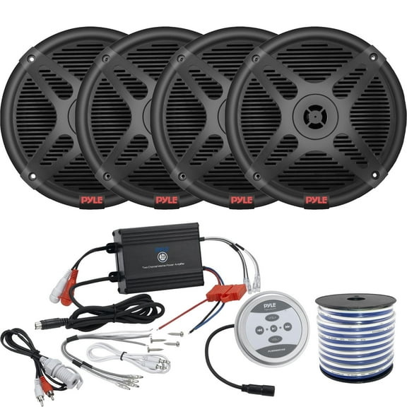 2 x Pyle 600W Marine 2-Way Coaxial Full-Range Speakers, Pyle Waterproof 600 Watt Bluetooth 2-Channel Boat Yacht Amplifier System, Enrock Marine-Grade 18-Gauge Speaker Wire