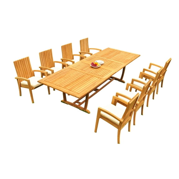 Grade-A Teak Dining Set: 8 Seater 9 Pc: 118" Mas Rectangle Trestle Leg Table And 8 Goa Stackng Arm Chairs Outdoor Patio WholesaleTeak #51GO1509