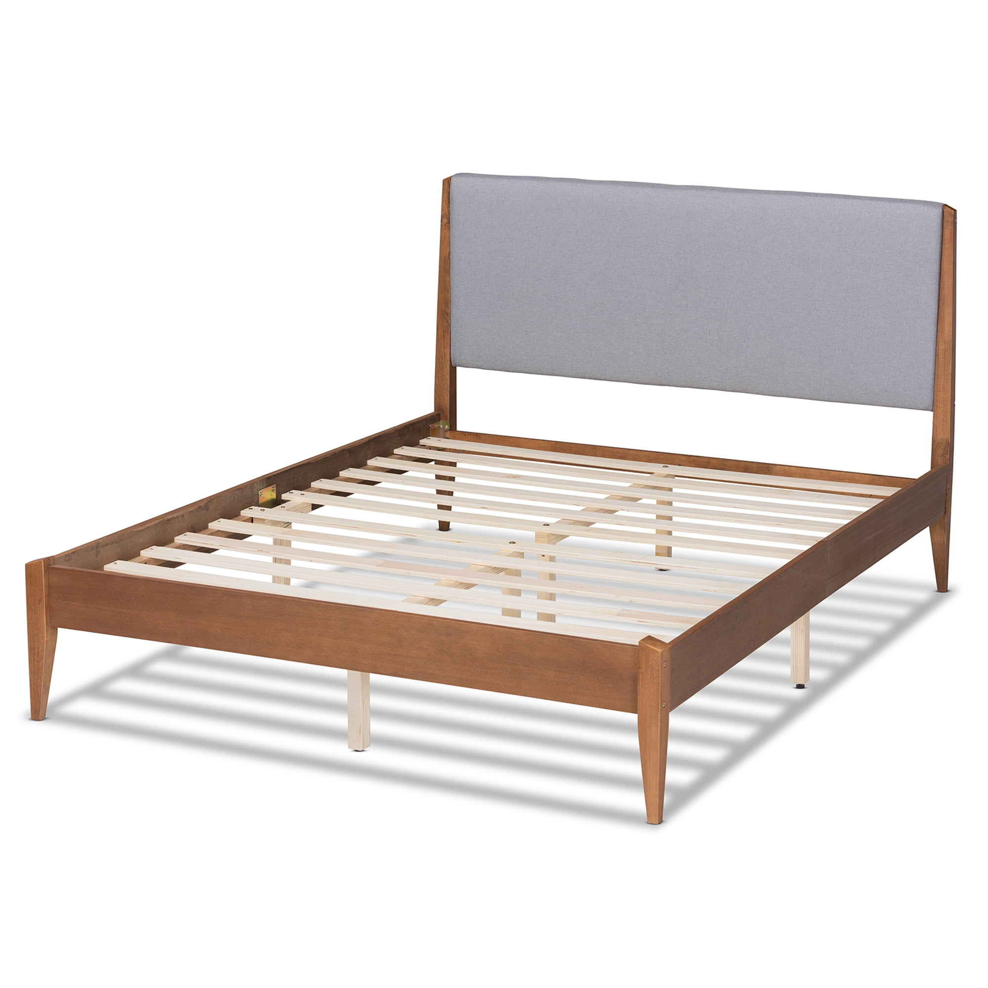 Baxton Studio Lenora Mid-Century Modern Grey Fabric Upholstered and Walnut Brown Finished Wood King Size Platform Bed