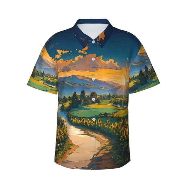 Balery Sunflowers At Sunset Camisas hawaianas de manga corta para hombre, camisas playeras de corte holgado, camisas de vacaciones con botones,Small