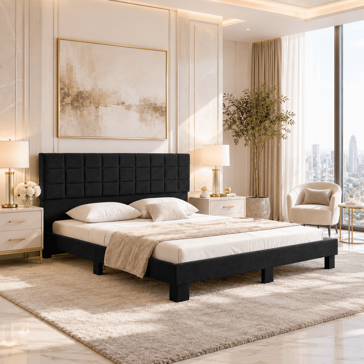 Gewnee King Size Platform Bed Frame with Linen Upholstered Headboard, Wood Slats, No Box Spring Needed, Black