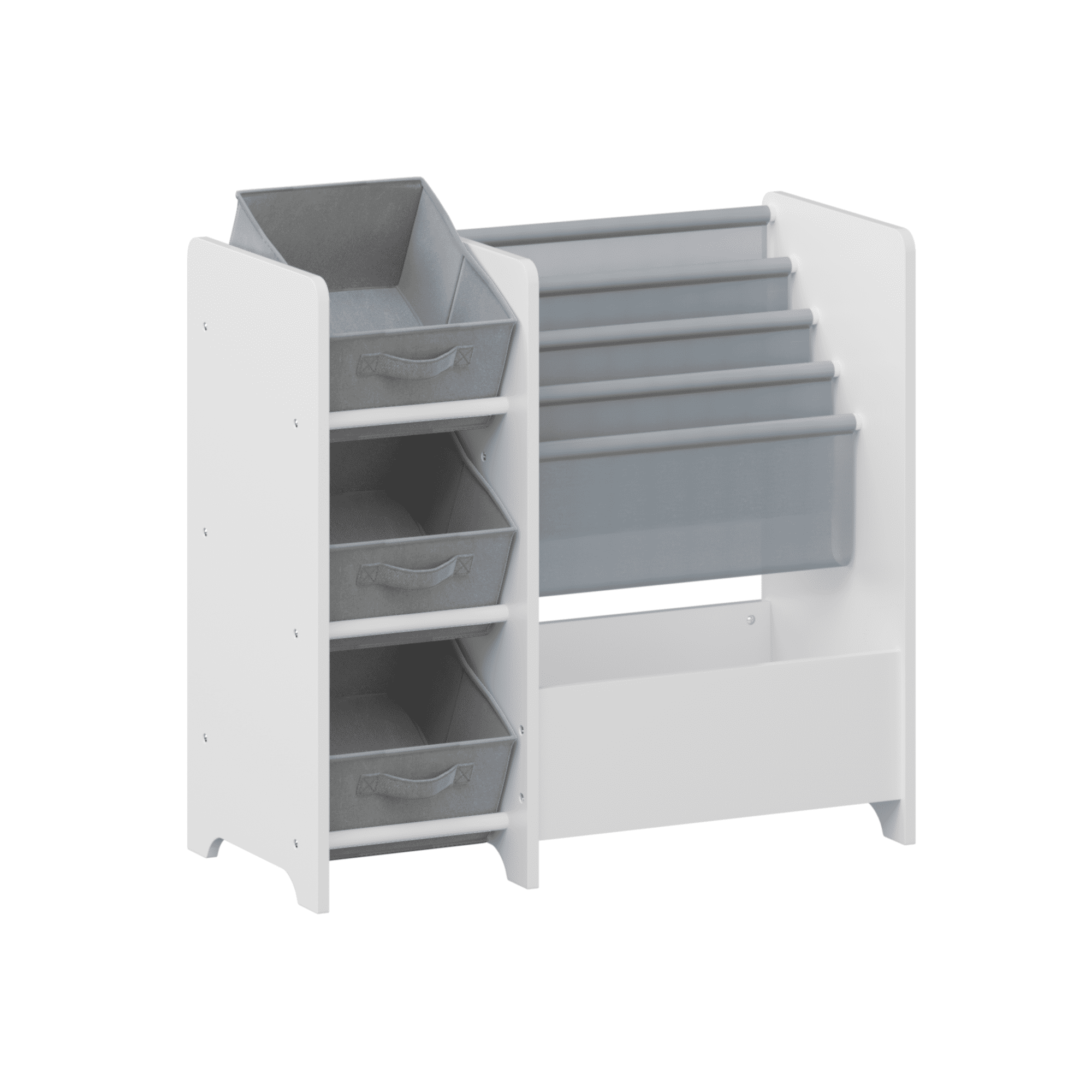 Kids Bookshelf and Toy Storage Organizer, Wooden Bookcase with 3 Drawers and 4 Tier Kids Book Shelf, Book Display Shelf for Toddlers Kids Room Furniture, in Playroom Nursery Bedroom, Gray